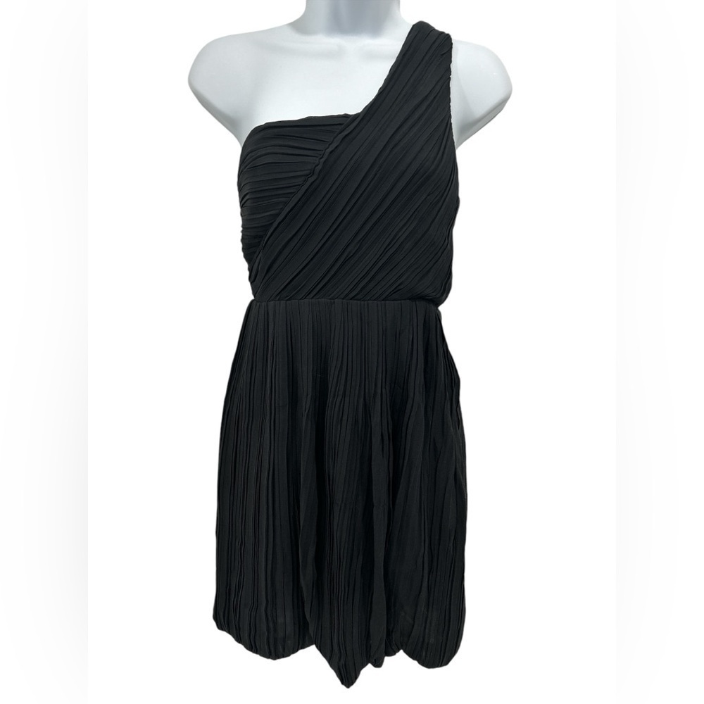 Theory Taliana Georgette Black Silk One Shoulder Bubble Hem Crepe Mini Dress - 4